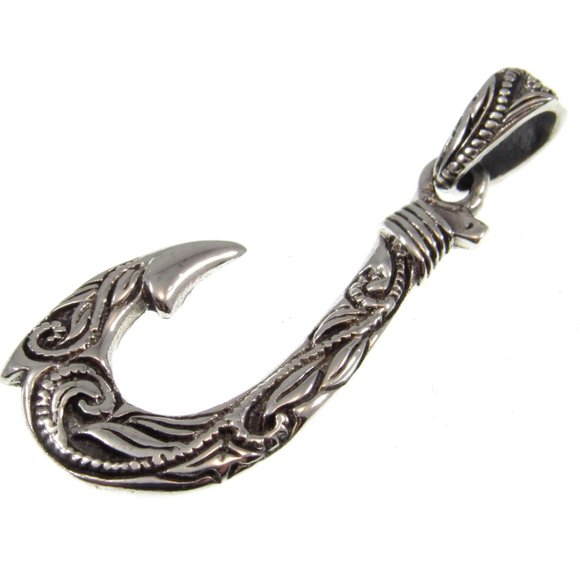 Solid 925 Sterling Silver Ornate Hawaiian Fish Hook Pendant - Fisherman Gift - Picture 8 of 9